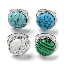 304 Stainless Steel Open Cuff Rings, Synthetic Malachite & Turquoise Round Finger Rings for Women Men, Stainless Steel Color, Adjustable(RJEW-C079-07P)