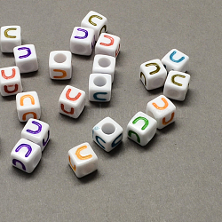 Large Hole Colorful Acrylic Letter European Beads, Horizontal Hole, Cube with Letter.U, 7x7x7mm, Hole: 4mm, about 1144pcs/500g(SACR-Q104-02U)