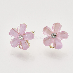 Alloy Rhinestone Stud Earring Findings, with Acrylic, Raw(Unplated) Pin and Loop, Flower, Golden, Pink, 12~13x12mm, Hole: 1.4mm, Pin: 0.7mm(PALLOY-N0149-20B)