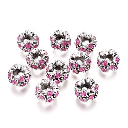 Alloy Rhinestone Spacer Beads, Rondelle, Antique Silver, Fuchsia, 12~13x9mm, Hole: 6mm(RB-E534-01AS-B)