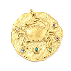 Real 18K Gold Plated PVD Vacuum Plating 304 Stainless Steel Pendants, with Rhinestone and Jump Ring, Flat Round with Constellations Charms, Cancer, 20~21.8x20~21x2~3mm, Hole: 2mm(STAS-L278-003G-04)