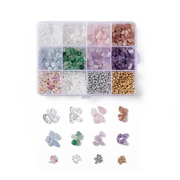 DIY Beads Jewelry Making Kit, Include Glass Seed Beads and Natural Quartz Crystal, Rose Quartz, Strawberry Quartz, Green Aventurine, Amethyst, Dyed Natural Aquamarine Chips Beads, Mixed Color, 5~8x5~8mm, Hole: 0.3mm,  8style, 13g/style, 104g