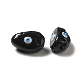 Opaque Glass Beads, with Enamel, Oval with Evil Eye, Black, 19~20x10.5~13x10~11mm, Hole: 1.4mm