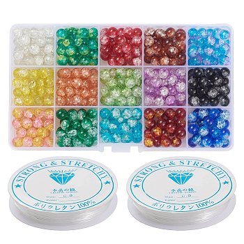 DIY Bracelets Makings, with Baking Painted Crackle Glass Round Beads, Crystal String Bead Cord and Plastic Bead Storage Containers, Mixed Color, 8mm, Hole: 1.3~1.6mm, about 450pcs/box