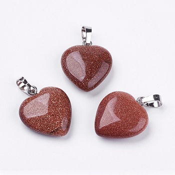 Synthetic Goldstone Pendants, Heart, with Brass Findings, Platinum, 22~23x20~20.5x6~7.5mm, Hole: 5x8mm