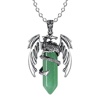 Natural Green Aventurine Bullet with Dragon Pendant Necklace with Zinc Alloy Chains, 19.69 inch(50cm)