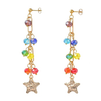 Chakra Jewelry, Dangle Stud Earrings, with Glass Beads, Iron Paperclip Chains, 304 Stainless Steel Stud Earring Findings, Brass Star Pendants & Ear Nuts, Golden, 90mm, Pin: 0.8mm