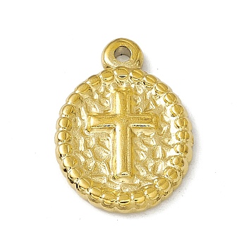 304 Stainless Steel Pendants, Oval with Cross Charm, Golden, 18x12.5x2mm, Hole: 1.5mm