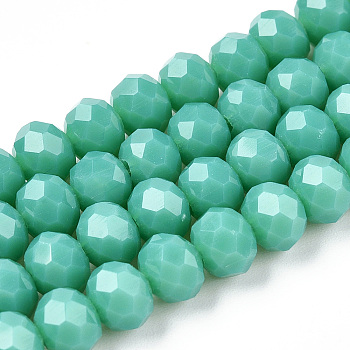 Opaque Solid Color Glass Beads Strands, Faceted, Rondelle, Light Sea Green, 6x5mm, Hole: 1mm, about 83~85pcs/strand, 38~39cm
