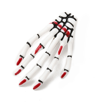 Halloween Theme Plastic Alligator Hair Clips for Woman Girl, with Iron Finding, Skeleton Hand Shape, Red, 73x42x15mm