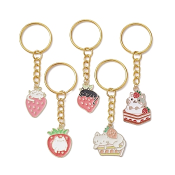 Strawberry Cat Alloy Enamel Pendant Keychain, with Iron Keychain Ring, Mixed Color, 7.5~8cm