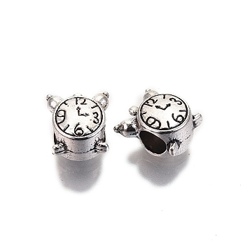 Tibetan Style Alloy European Beads, Large Hole Beads, Cadmium Free & Lead Free, Alarm Clock, Antique Silver, 11x10x7.5mm, Hole: 4.5mm, about 518pcs/1000g