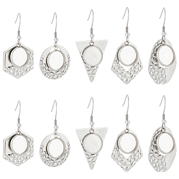 20Pcs 5 Style Hexagon & Teardrop & Flat Round & Polygon 304 Stainless Steel Dangle Earring Settings, with Round Cabochon Settings & 40Pcs Plastic Ear Nuts, Mixed Patterns, Tray: 12mm, 42~48mm, Pin: 0.7mm, 4Pcs/style
