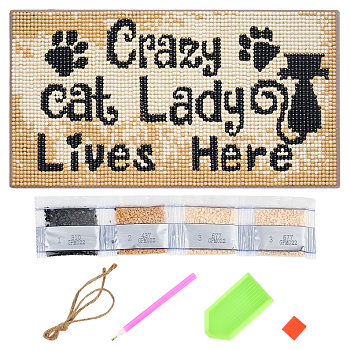 CREATCABIN 1Set DIY Wall Decor Sign Diamond Painting Kits, Rectangle Wood Board & Cat with Word Crazy cat Lady Lives Here, with Acrylic Rhinestone, Pen, Tray Plate, Glue Clay and Hemp Rope, Colorful, 1Set