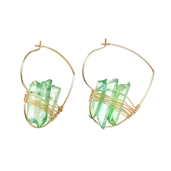 Electroplated Natural Quartz Wire Wrapped Earrings for Girl Women, Golden Heart Brass Hoop Earrings, Green, 42x35.5x7~9mm, Pin: 0.7mm