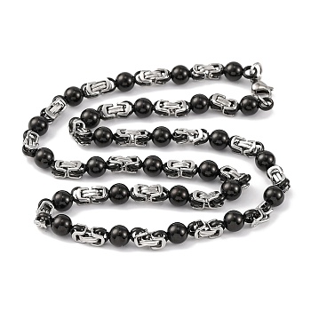 201 Stainless Steel Round Ball Links Chain Necklace, with 304 Stainless Steel Clasps, Stainless Steel Color, Black, 23.74 inch(60.3cm), Link: 19.5x8mm