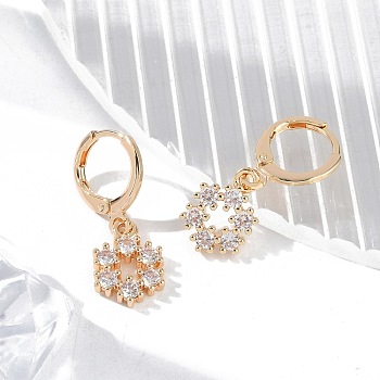 Brass Micro Pave Clear Cubic Zirconia Leverback Earrings, Rack Plating, Long-Lasting Plated, Lead Free & Cadmium Free, Flower, Golden, 26.5x9.5mm