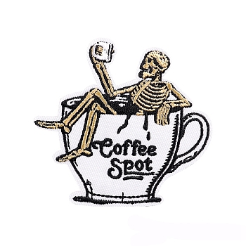 Halloween Skull & Coffee Cup Appliques, Embroidery Iron on Cloth Patches, Sewing Craft Decoration, WhiteSmoke, 75x71mm