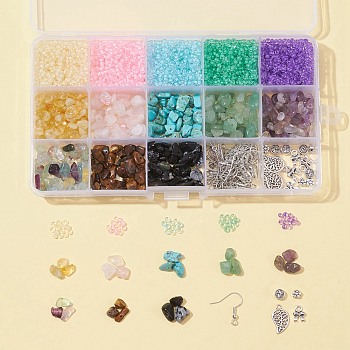 DIY Beaded Earring Bracelet Making Kit, Including Natural & Synthetic Chip Beads, Glass Seed Beads, Iron Earring Hooks, Leaf & Flower & Bowknot Alloy Pendants, Stone Beads: 104g/box