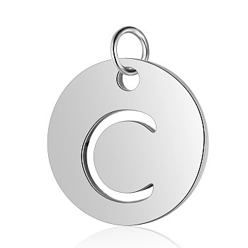304 Stainless Steel Charms, Flat Round with Letter, Stainless Steel Color, Letter.C, 12x1mm, Hole: 2.5mm