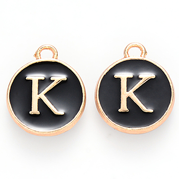 Golden Plated Alloy Enamel Charms, Enamelled Sequins, Flat Round, Black, Letter.K, 14x12x2mm, Hole: 1.5mm, 50pcs/Box