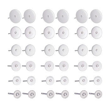 210Pcs 7 Size 304 Stainless Steel Stud Earring Settings, Flat Pad Earring Post, Flat Round, Stainless Steel Color, Tray: 3mm~12, 12x3~12mm, Pin: 0.7mm, 210pcs/Box