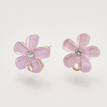 Alloy Rhinestone Stud Earring Findings, with Acrylic, Raw(Unplated) Pin and Loop, Flower, Golden, Pink, 12~13x12mm, Hole: 1.4mm, Pin: 0.7mm