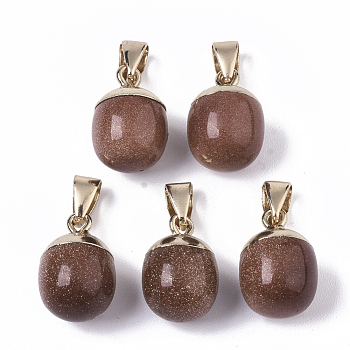 Top Golden Plated Synthetic Goldstone Pendants, with Iron Snap on Bails & Loop, Barrel, 17~19x11.5~12.5mm, Hole: 4x6mm