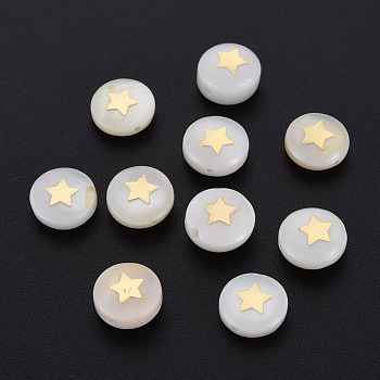 Natural Freshwater Shell Beads, with Golden Plated Brass Metal Embellishments, Flat Round with Star, Seashell Color, 8x4.5mm, Hole: 0.6mm