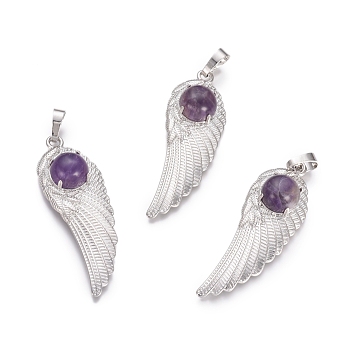 Natural Amethyst Pendants, with Platinum Tone Brass Findings, Wing, 47x16x7.5mm, Hole: 7x5mm