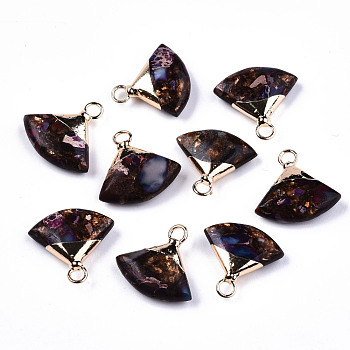 Fan Assembled Synthetic Bronzite and Regalite/Imperial Jasper Pendants, with Iron Loop and Light Gold Plated Brass Top, Dyed, Medium Purple, 18~19x18~19x5~6mm, Hole: 2mm