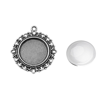Pendant Making Sets, with Alloy Pendant Cabochon Settings and Glass Cabochons, Flat Round, Lead Free, Antique Silver, Tray: 20mm, 35x32x2mm, Hole: 2mm