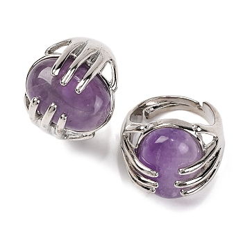 Oval Natural Amethyst Finger Ring, Rack Plating Platinum Tone Alloy Hug Adjustable Rings, Cadmium Free & Lead Free, Inner Diameter: 17mm