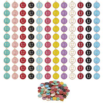 120Pcs 12 Colors Golden Plated Alloy Charms, with Enamel, Enamelled Sequins, Flat Round with Letter, Letter.U, 14x12x2mm, Hole: 1.5mm, 10pcs/color
