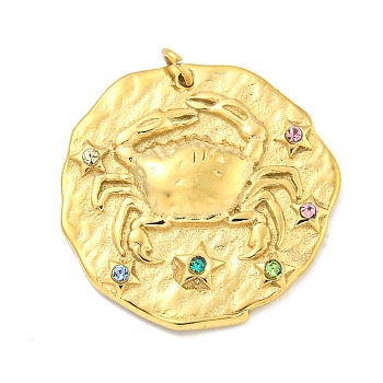 Real 18K Gold Plated PVD Vacuum Plating 304 Stainless Steel Pendants, with Rhinestone and Jump Ring, Flat Round with Constellations Charms, Cancer, 20~21.8x20~21x2~3mm, Hole: 2mm