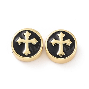 Brass Enamel Beads, Cadmium Free & Lead Free, Long-Lasting Plated, Flat Round with Cross, Real 18K Gold Plated, Black, 12x5.5mm, Hole: 2.5mm
