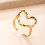 304 Stainless Steel Cuff Open Rings for Women, Hollow Heart, Golden, 15~20mm(WGDDE5D-01)