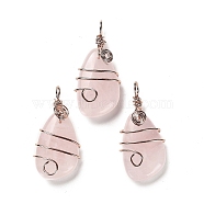 Natural Rose Quartz Pendants, Rack Plating Brass Wire Wrapped Gems Teardrop Charms, Cadmium Free & Lead Free, Rose Gold, 37~40x19~19.5x9.5~10mm, Hole: 4.5~5mm(G-F763-03RG-05)