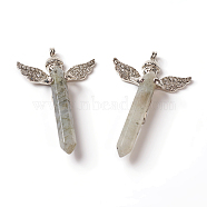 Natural Labradorite Big Pendants, with Rhinestone and Brass Findings, Angel with Bullet, Platinum, 53.5~56x34x9.5~10.5mm, Hole: 2mm(G-F586-A02)