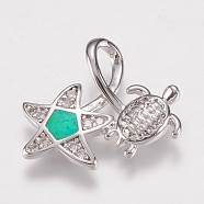 Brass Pendants, with Synthetic Opal, Tortoise with Star, Platinum, Turquoise, 16.5x19x6mm, Hole: 3x5mm(KK-E735-10P-C)