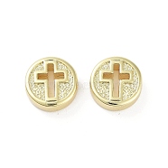 Rack Plating Brass Beads, Long-Lasting Plated, Lead Free & Cadmium Free, Flat Round with Cross, Real 18K Gold Plated, 10.5x4mm, Hole: 1.2mm(KK-H474-17G)