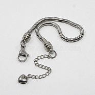 304 Stainless Steel European Round Snake Chains Bracelets, with Lobster Claw Clasp and Heart Charms, Stainless Steel Color, 200x3mm(X-STAS-J015-05)