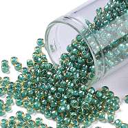 TOHO Round Seed Beads, Japanese Seed Beads, (953) Inside Color Jonquil/Turquoise Lined, 8/0, 3mm, Hole: 1mm, about 1110pcs/50g(SEED-XTR08-0953)