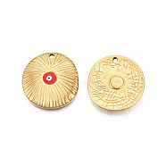 304 Stainless Steel Enamel Pendants, Real 18K Gold Plated, Flat Round with Evil Eye, Dark Red, 19.5x18.5x2mm, Hole: 1.2mm(STAS-N092-144A)