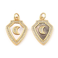 Brass Cubic Zirconia with Shell Pendants, Long-Lasting Plated, Lead Free & Cadmium Free, Shield with Moon, Real 18K Gold Plated, 20.5x15x6mm(KK-K342-20G)