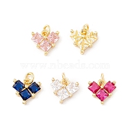 Rack Plating Brass Micro Pave Cubic Zirconia Charms, with Jump Rings, Long-Lasting Plated, Cadmium Free & Lead Free, Heart, Real 18K Gold Plated, Mixed Color, 8.5x9x3.5mm, Hole: 2mm(ZIRC-I057-25G)
