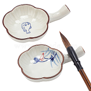 Elite 2Pcs 2 Styles Ceramics Ink Plate with Handle, Porcelain Brush Holder, for Calligraphy Lovers, Flower Shape, Plant & Animal Pattern, 116x76x25mm, 1pc/style(DIY-PH0010-99A)