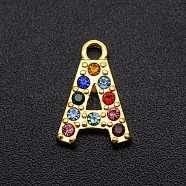 Alloy Rhinestone Charms, Golden, Colorful, Letter, Letter.A, 12.5x8.5x2mm, Hole: 1.5mm(PALLOY-S098-DA019-A)