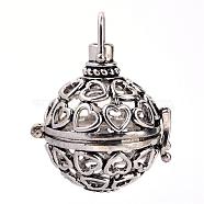 Rack Plating Brass Cage Pendants, For Chime Ball Pendant Necklaces Making, Hollow Round with Heart, Antique Silver, 30x29x24mm, Hole: 5x6mm, inner measure: 19mm(KK-S751-013AS)