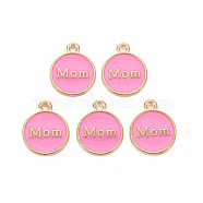 Alloy Enamel Charms, Cadmium Free & Lead Free, Light Gold, Flat Round with Mom, Pearl Pink, 14.5x12x2mm, Hole: 1.4mm(ENAM-T016-11D-RS)